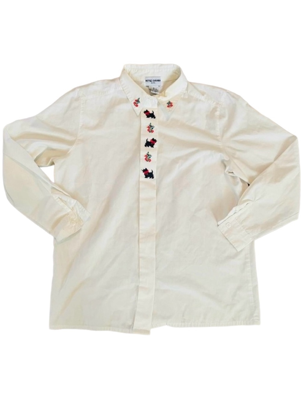 ALFRED DUNNER Floral Scotty Dog White Long Sleeve Blouse Shirt, 8 P